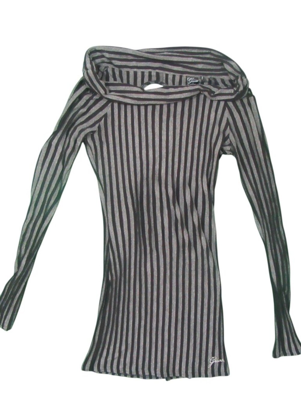 Guess Los Angeles Cowl Neck Striped Long Sleeve Top Black Gray Ribbed Knit